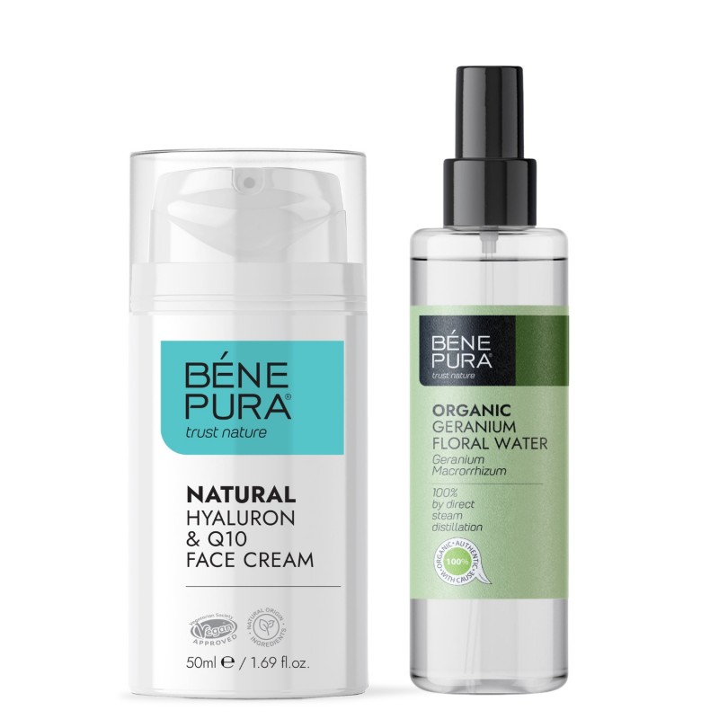 Hyaluron & Q10 veido kremas ir Bio Geranium Gėlių vanduo - GMC